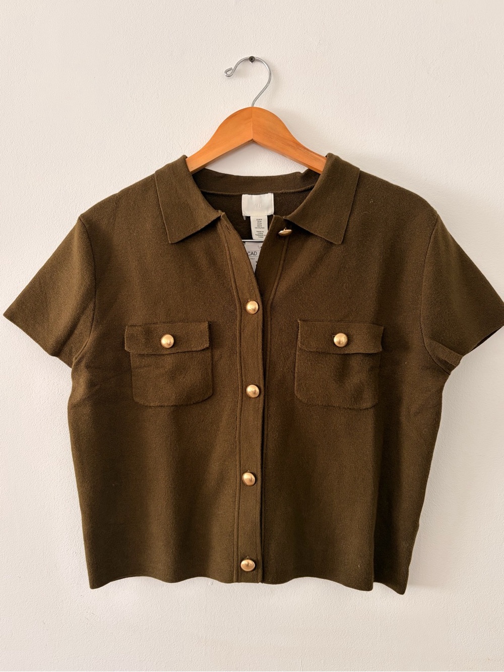 H&M Olive Green Short-Sleeve Button-Front Crop Shirt